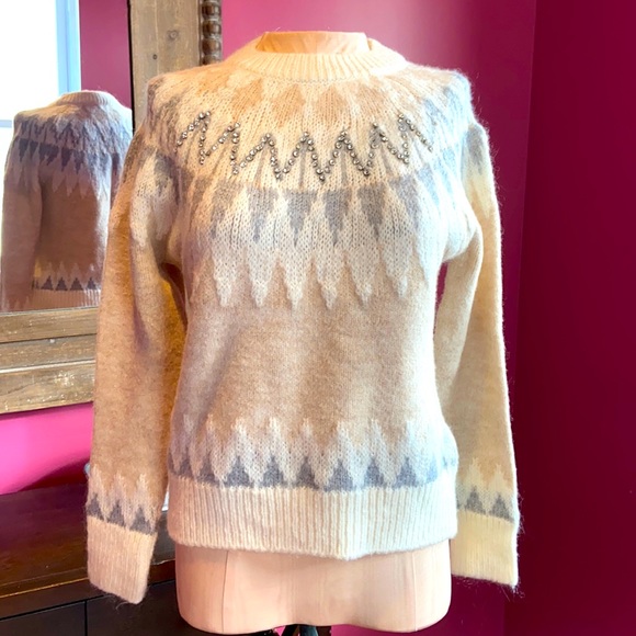 Naf Naf Rhinestone Mohair Blend Cream & Gray Knit Sweater Small - Picture 1 of 6